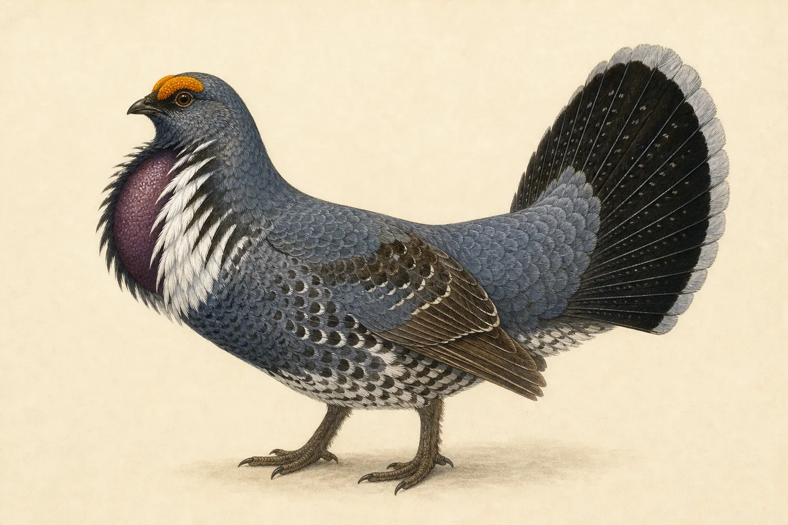 Field guide illustration of a Dusky Grouse showing its key identification features