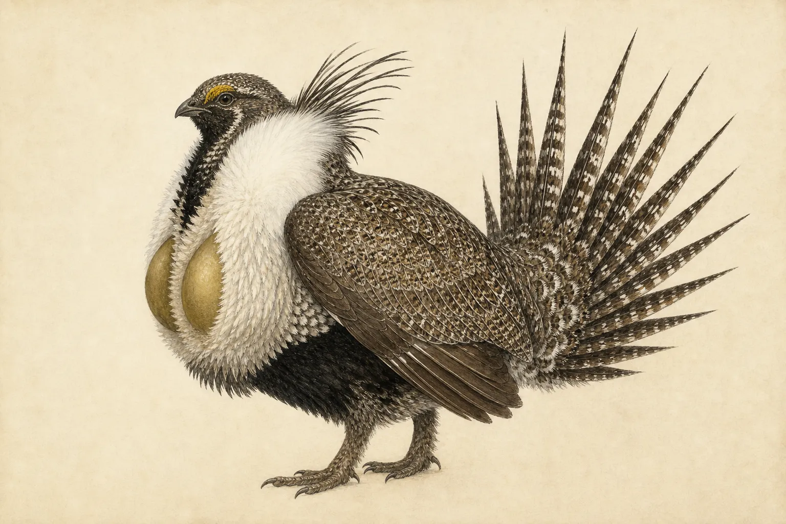 Field guide illustration of a Greater Sage-Grouse showing its key identification features