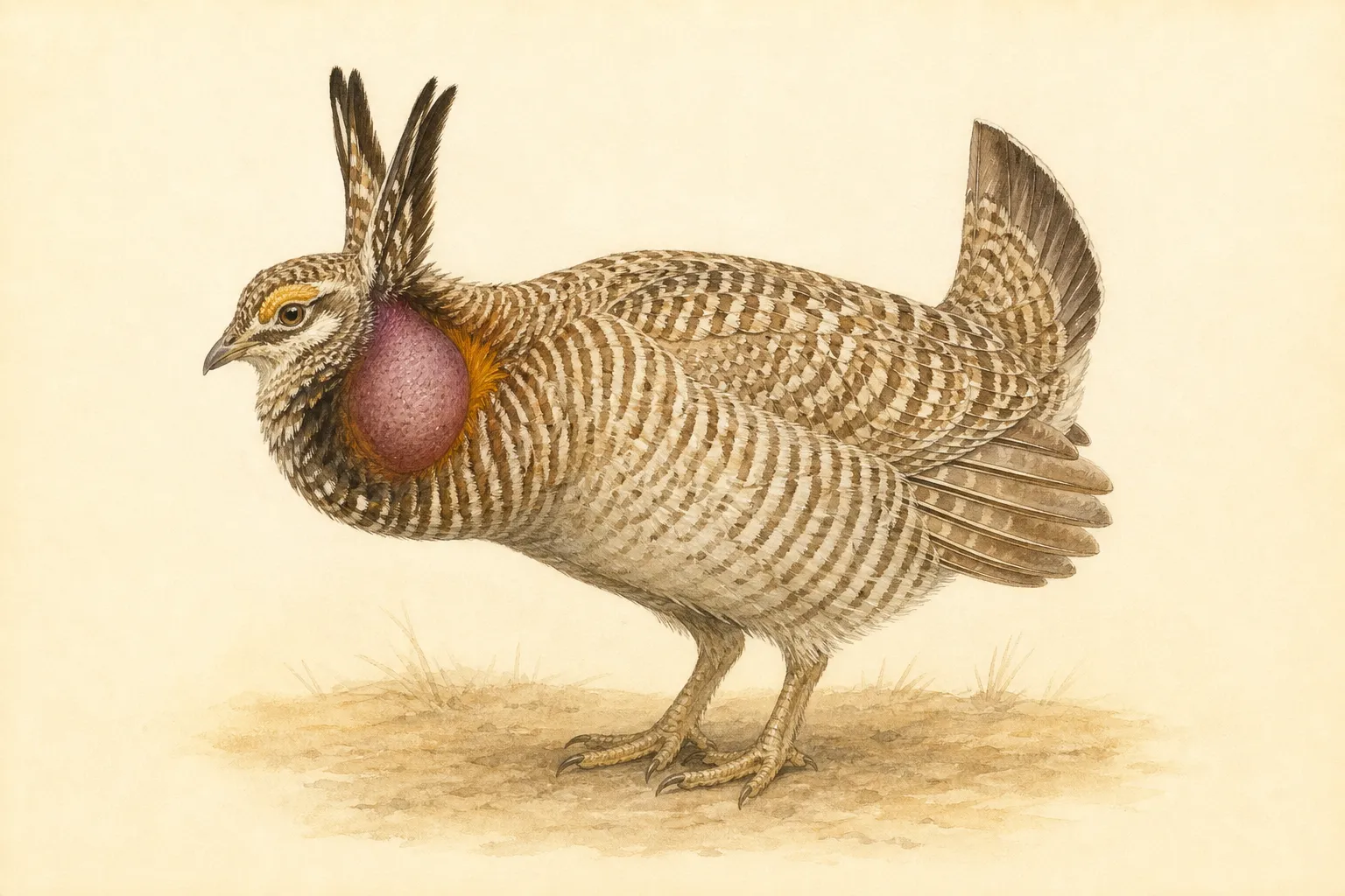Field guide illustration of a Lesser Prairie Chicken showing its key identification features