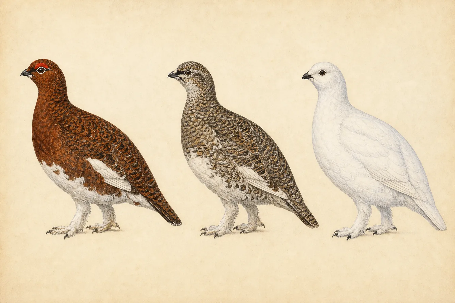 Field guide illustration of a Ptarmigan showing its key identification features