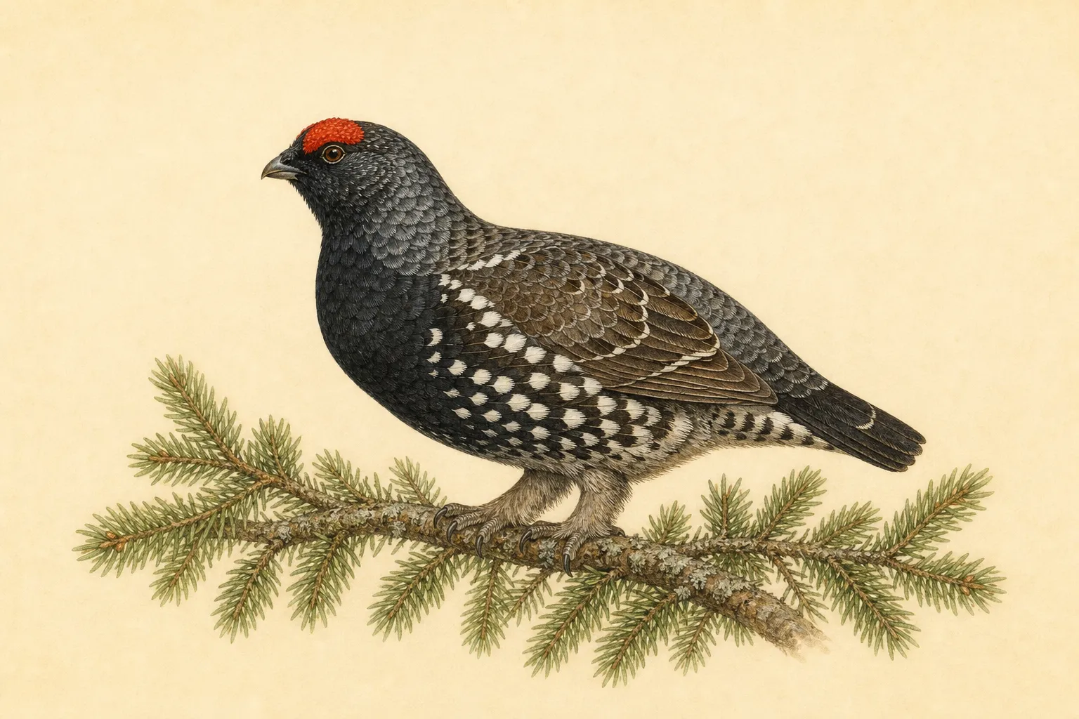 Field guide illustration of a Spruce Grouse showing its key identification features